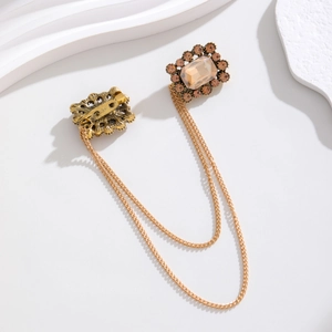 Vintage baroque double chain brooch with champagne rhinestones and antique gold finish