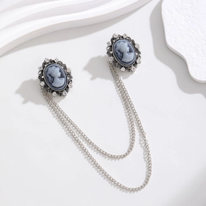 Vintage silver double chain brooch with female relief cameo and crystal edge for suits