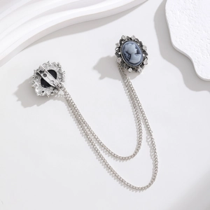 Vintage cameo portrait brooch set with silver chain and crystal trim for suits and scarves
