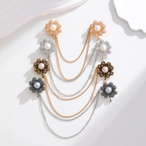 Elegant multi-layer chain flower brooch with pearls and rhinestones in four metal tones