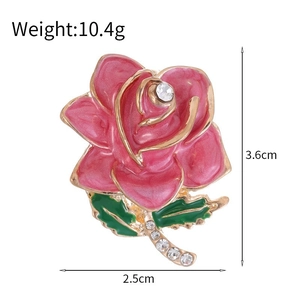 Detail view of pink enamel rose brooch with dimensions showing 3.6cm height and 10.4g weight