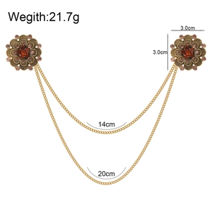 Vintage floral collar pin with chains and amber rhinestones for men's suit accessories