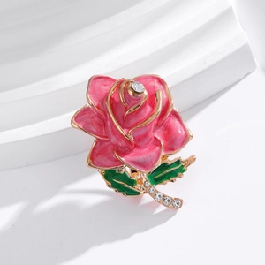 Elegant Pink Rose Flower Brooch For Women Luxury Gold Plated Alloy Rhinestone Enamel Floral Corsage For Suit Jewelry Gift