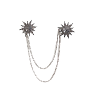 Star chain brooch with sparkling grey crystals and silver metal tassel for suits