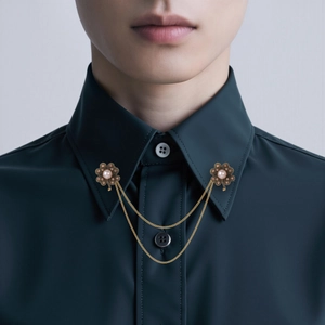 Elegant gold flower collar brooch with pink pearls and double layered chain on shirt