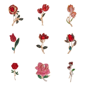 Elegant Zinc Alloy Rose Flower Rhinestone Brooch For Women Vintage Enamel Tulip Plant Lapel Pin Party Jewelry Gift