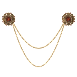 Vintage Baroque Zinc Alloy Flower Brooch With Double Chain Rhinestone Lapel Pin For Men Suit Women Dress Wedding Accessory