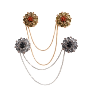 Vintage baroque flower lapel pins with chains and rhinestones in gold and silver finish