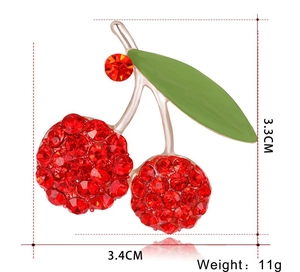 Rote Strass Kirsch Brosche mit grünem Blatt und Goldfassung, Größe 3,3 x 3,4 cm