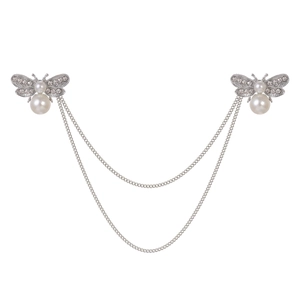 Broche Abeille en Alliage Vintage Avec Double Chaîne Fausse Künstliche Perle Strass Broche de Col Pour Costume Manteau Bijoux de Mode