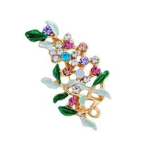 Elegant floral leaf brooch with colorful crystals and green enamel on gold alloy base
