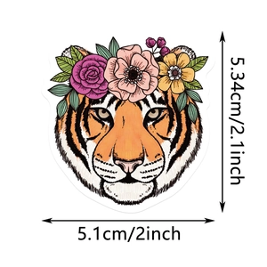 Detailed tiger sticker with floral wreath crown and precise size measurements