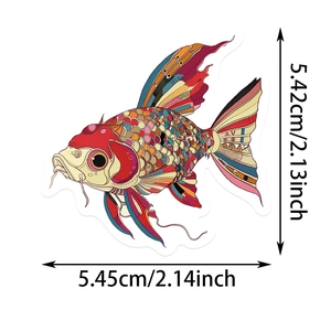 Artistic hand-drawn fish sticker detail with dimensions of 5.45cm by 5.42cm in macro view
