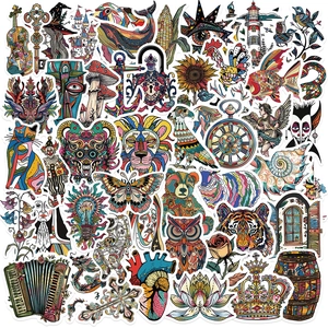 Detailed spread of surreal hand-drawn stickers with vivid animal and fantasy motifs