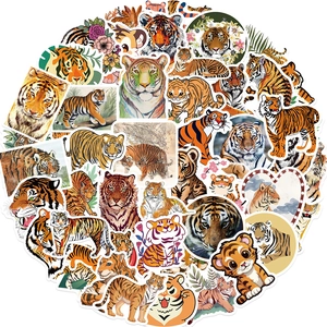 Close-up of 50 assorted tiger stickers in various artistic styles for DIY decoration