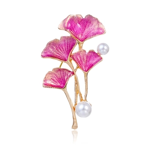 Élégante Broche Feuille de Ginkgo en Alliage Émail Rose Dégradé Fausse Künstliche Perle Épingle Décorative pour Robes de Femmes Bijoux