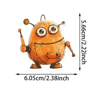 Detail showing dimensions of an orange whimsical robot sticker with cute cartoon style