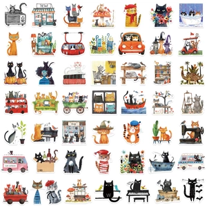 Set di 50 adesivi artistici con gatti in stile acquerello per decorare laptop e diari
