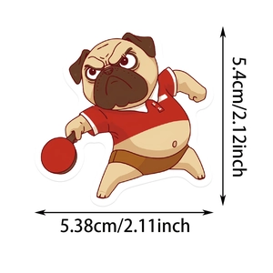 Waterdichte mopshond sticker tafeltennis met afmetingen van 5,38 cm x 5,4 cm voor decoratie