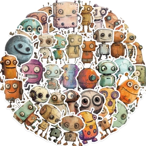 Flat lay of colorful whimsical robot stickers with retro watercolor textures and cute expressions