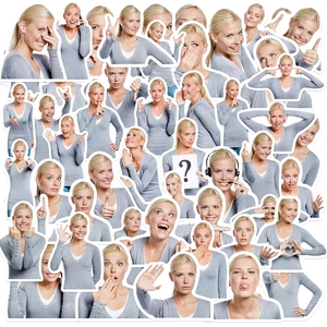 Détail de stickers d'une femme blonde affichant diverses expressions faciales et gestes variés
