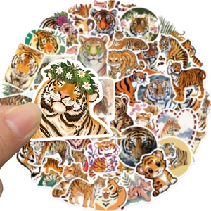 Pack of 50 waterproof tiger stickers for laptops and skateboards in cartoon and realistic styles