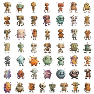 Collection of 50 whimsical robot stickers with colorful cute designs for DIY decoration