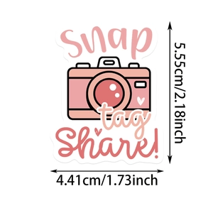 Detail showing BOHO style retro camera sticker dimensions 5.55cm by 4.41cm on white background