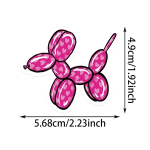 Pink cartoon balloon dog sticker with heart patterns showing dimensions 5.68cm x 4.9cm