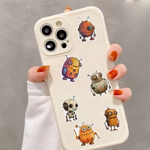 Off-white phone case with cute vintage robot stickers and protective camera lens cover