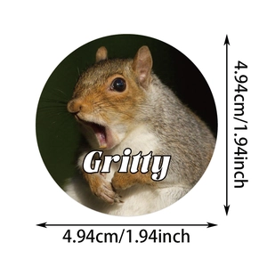 Detail showing a 1.94 inch round squirrel sticker with Gritty text and size markers