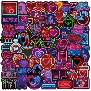 Neon Valentine's Day Stickers Waterproof PVC Heart Love Theme Laptop Suitcase Phone Case Decorative Decals Gift Stickers