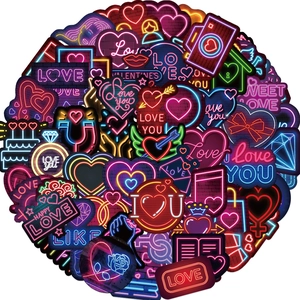 Neon Valentine stickers set with heart and rose designs for DIY laptop and phone decor