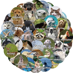 Detailed close-up of colorful round animal stickers with inspiring English words