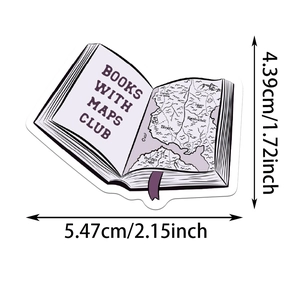 Detail showing vintage open book sticker with map illustration and purple bookmark