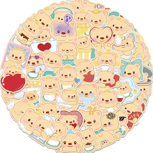Close-up of assorted Butter Bear cartoon stickers with die-cut edges and soft pastel colors