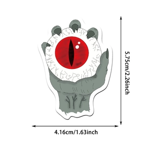 Halloween sticker detail of a devil hand gripping an eyeball with clear size dimensions