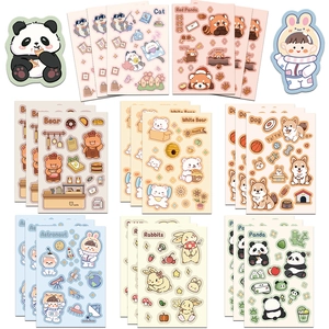 Detail view of 8 sets of cute animal stickers including pandas, cats and rabbits for journaling