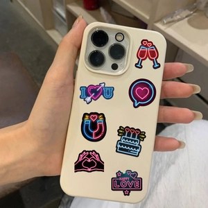 Neon Valentine heart stickers on off-white iPhone case with romantic party patterns