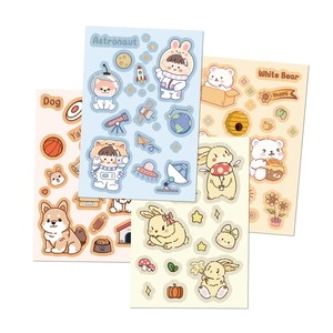 Set of 4 cute cartoon animal stickers featuring cat, bear, rabbit and shiba inu for journals
