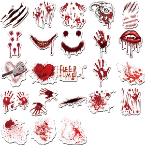 Detail view of 22 blood splatter stickers featuring bloody handprints and HELP ME text