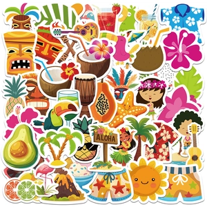 50pcs Hawaii summer cartoon stickers featuring palm trees, flamingos and aloha vibes