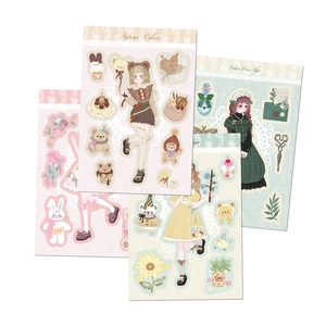 Detailed view of waterproof DIY stickers featuring cute girls and bear illustrations