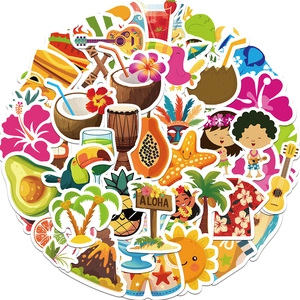 Detailed view of Hawaiian tropical summer stickers with coconut hibiscus and aloha motifs