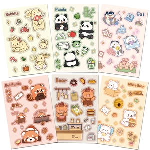 Set of six cute cartoon animal stickers featuring rabbits and bears in pastel colors
