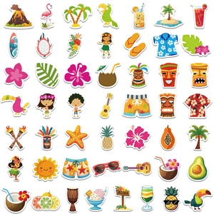 Macro display of 50 varied summer Hawaii stickers with tropical motifs and white outlines