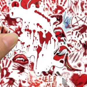 Macro shot of a blood splatter sticker for Halloween decor with realistic red stains