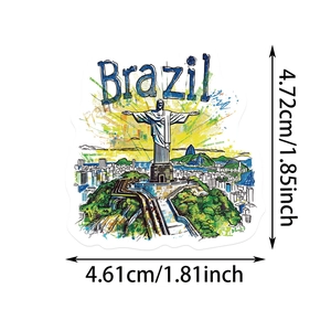 Detail of Brazil travel sticker showing Rio landmarks with precise size measurements