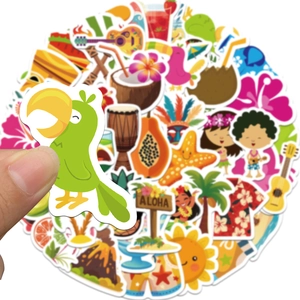 Detail shot of summer stickers featuring cartoon parrot and tropical aloha vibes