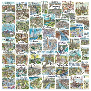 World Travel Landmarks PVC Stickers For Suitcase Laptop Scrapbook Hand-Drawn Style DIY Decorative Decals Set